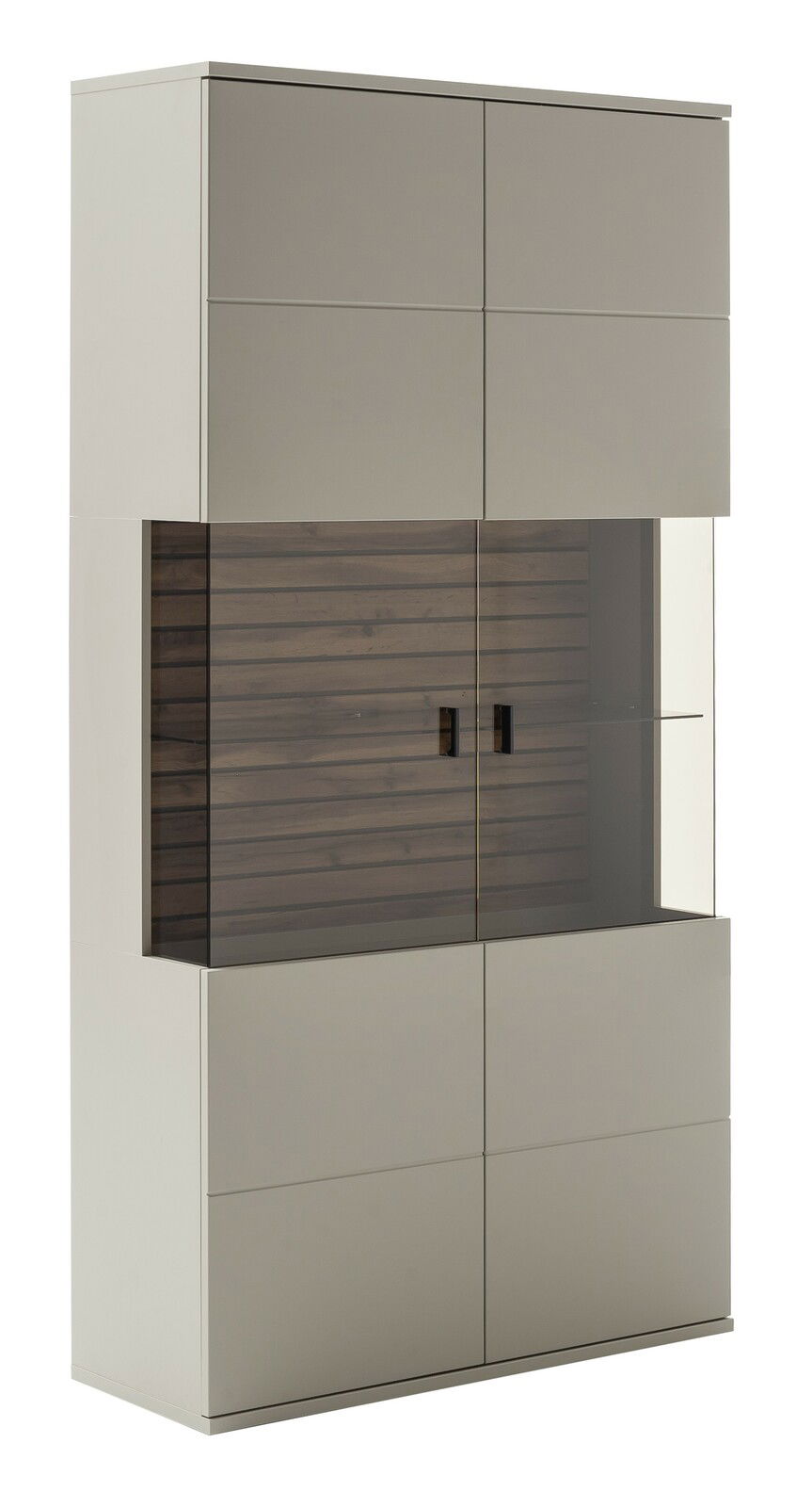 Kombi-Vitrine LÜTTICH in moderner Frontansicht mit Glas- und Holzelementen.