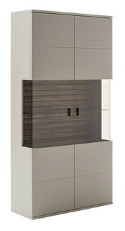 Kombi-Vitrine LÜTTICH in moderner Frontansicht mit Glas- und Holzelementen.