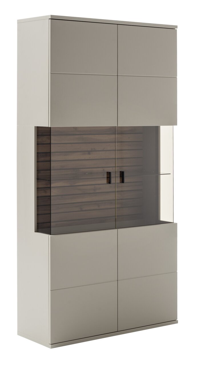 Kombi-Vitrine LÜTTICH in moderner Frontansicht mit Glas- und Holzelementen.