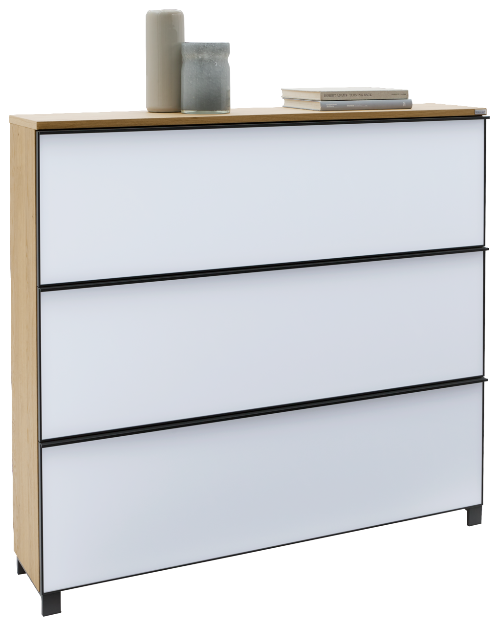 Dieter Knoll XL-Schuhschrank ATINA Moderner XL-Schuhschrank mit drei weißen Schubladen und Holzrahmen, seitliche Perspektive