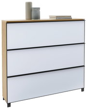 Moderner XL-Schuhschrank mit drei weißen Schubladen und Holzrahmen, seitliche Perspektive