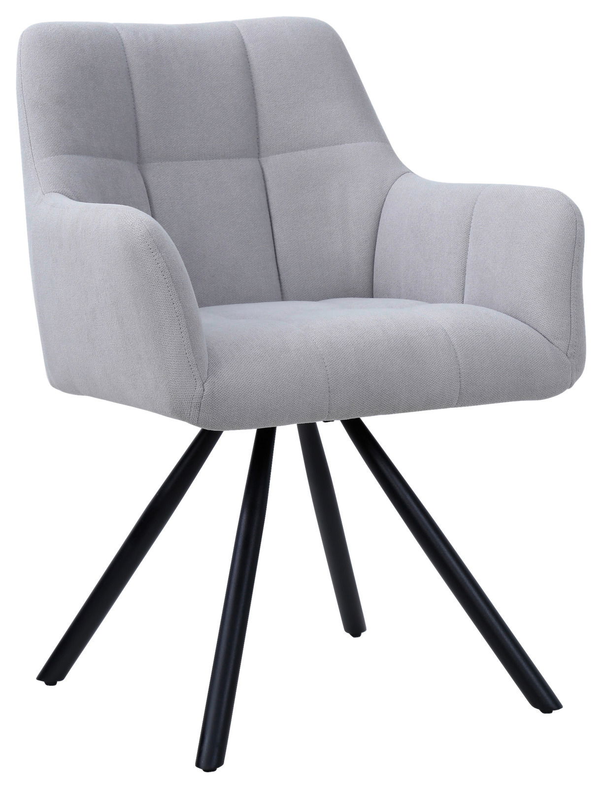 Hom´in Armlehnstuhl REINHOLD Grauer Armlehnstuhl mit gepolstertem Sitz und Rückenlehne, schwarzes Metallgestell, seitliche Perspektive