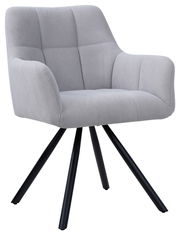 Grauer Armlehnstuhl mit gepolstertem Sitz und Rückenlehne, schwarzes Metallgestell, seitliche Perspektive