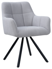 Grauer Armlehnstuhl mit gepolstertem Sitz und Rückenlehne, schwarzes Metallgestell, seitliche Perspektive