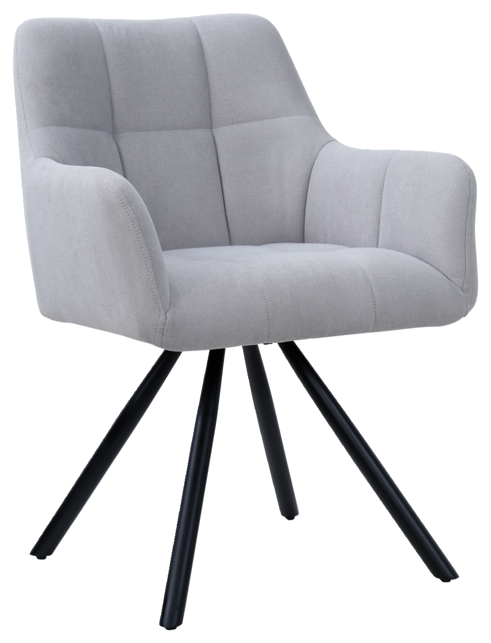 Grauer Armlehnstuhl mit gepolstertem Sitz und Rückenlehne, schwarzes Metallgestell, seitliche Perspektive