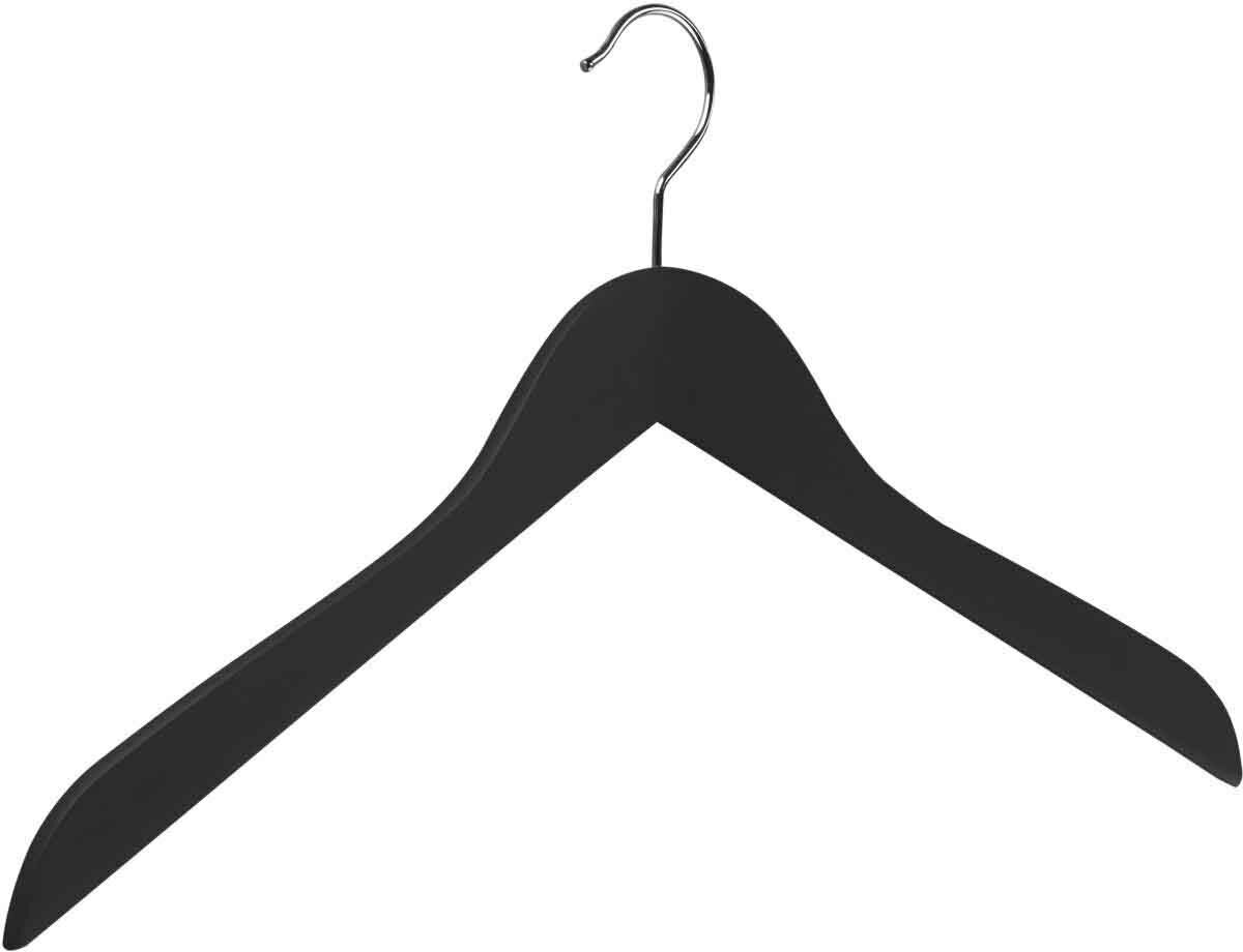 Schwarzer Kleiderbügel aus Holz mit Metallhaken, Frontalansicht