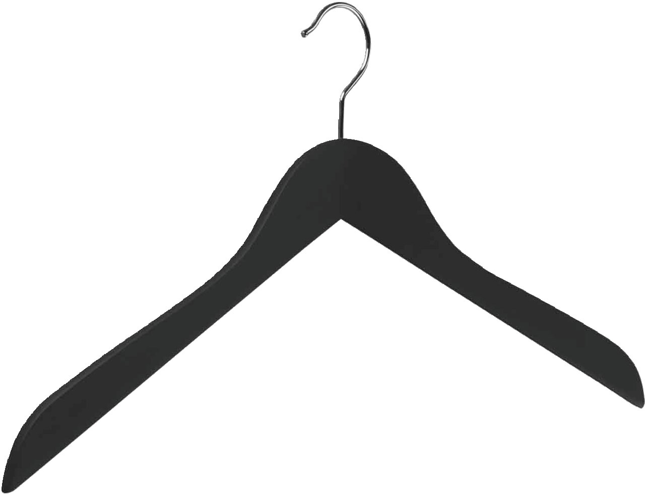 Schwarzer Kleiderbügel aus Holz mit Metallhaken, Frontalansicht