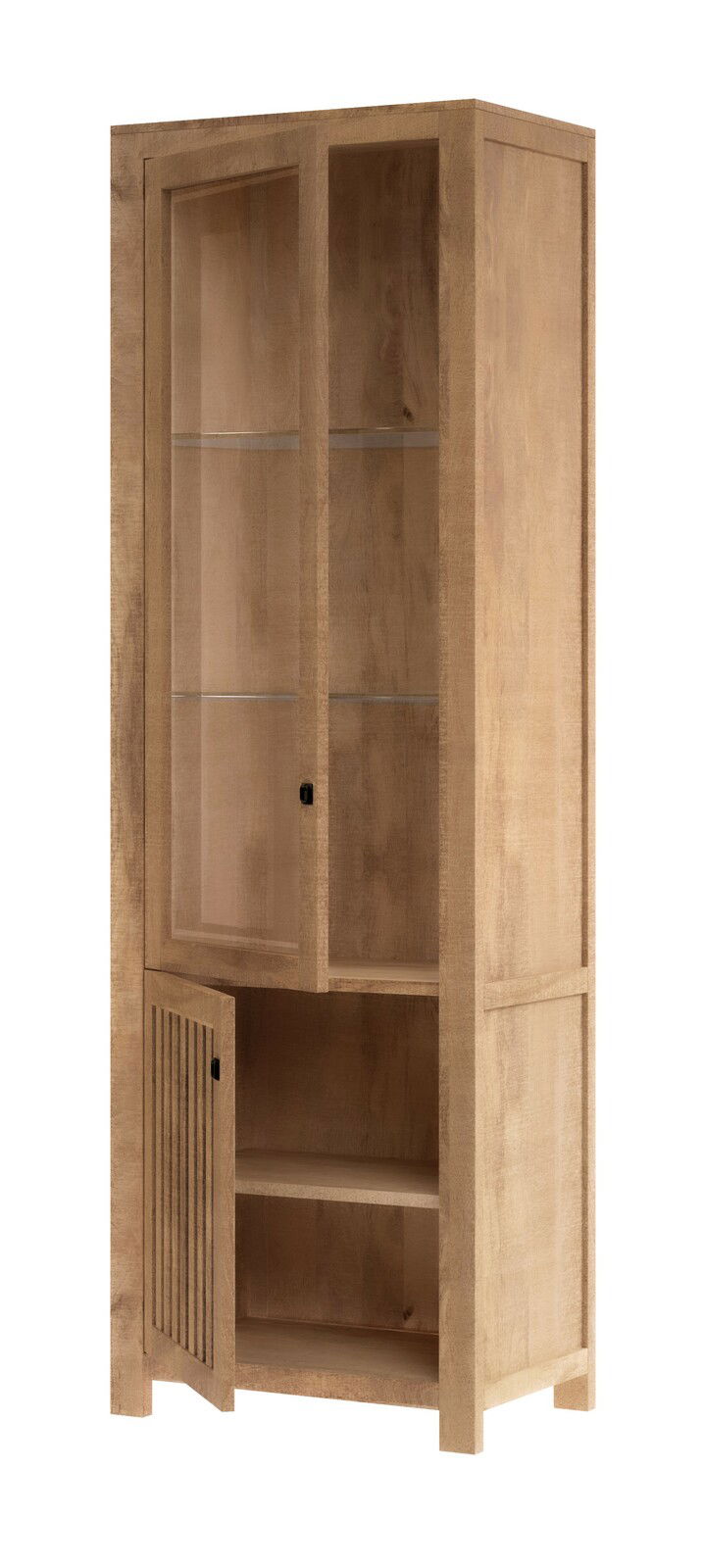 Holzvitrine mit Glastüren und einem offenen Fach, seitliche Perspektive