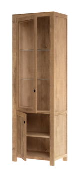 Holzvitrine mit Glastüren und einem offenen Fach, seitliche Perspektive