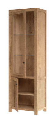 Holzvitrine mit Glastüren und einem offenen Fach, seitliche Perspektive