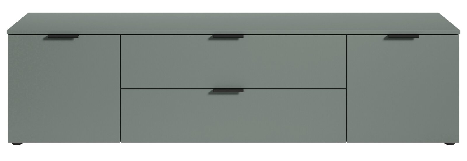 Graues TV-Lowboard mit zwei Türen und einer Schublade, frontale Ansicht.