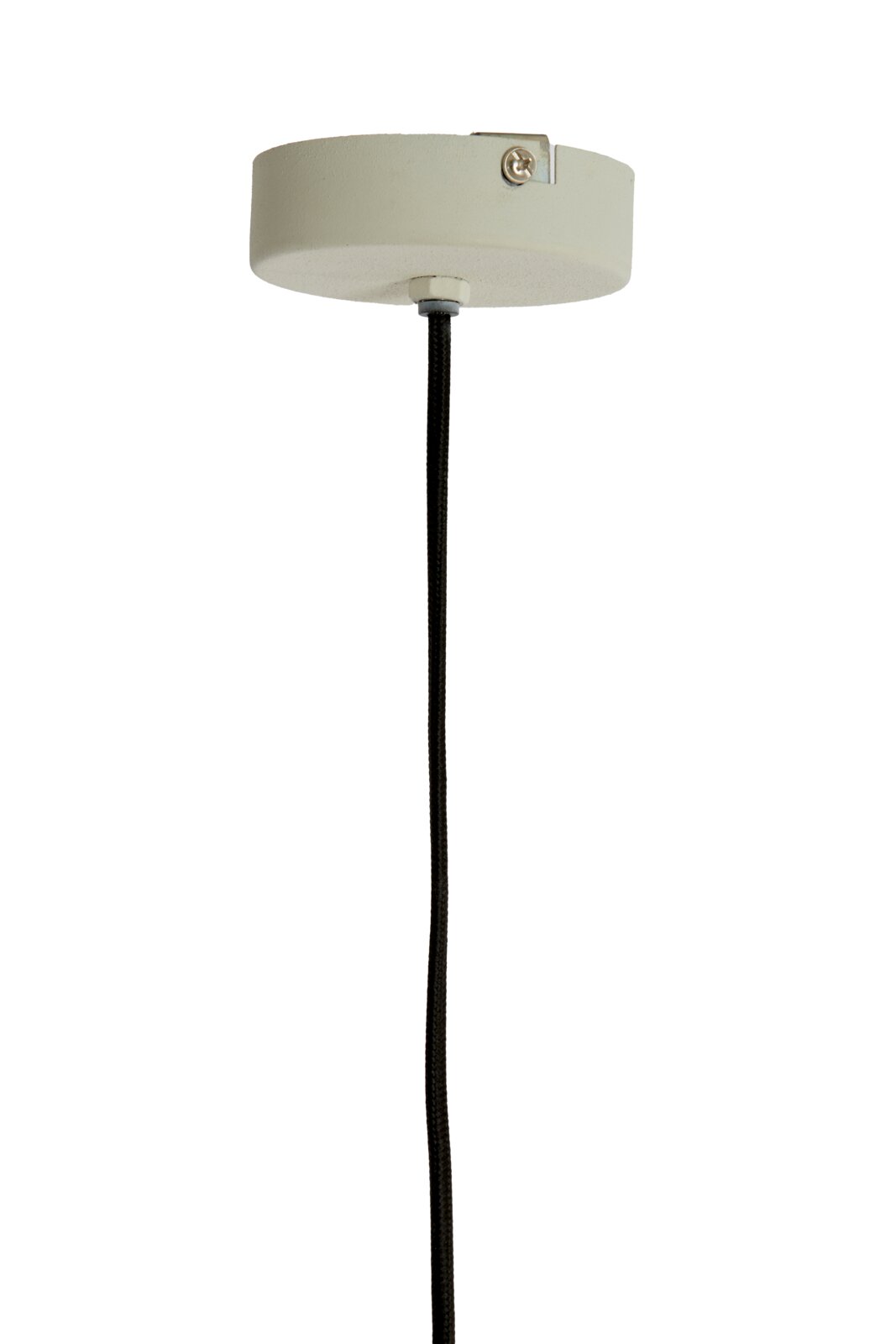 Aanzicht vanaf het plafond van een hanglamp met een zwarte kabel en een witte plafondbevestiging.