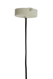 Aanzicht vanaf het plafond van een hanglamp met een zwarte kabel en een witte plafondbevestiging.