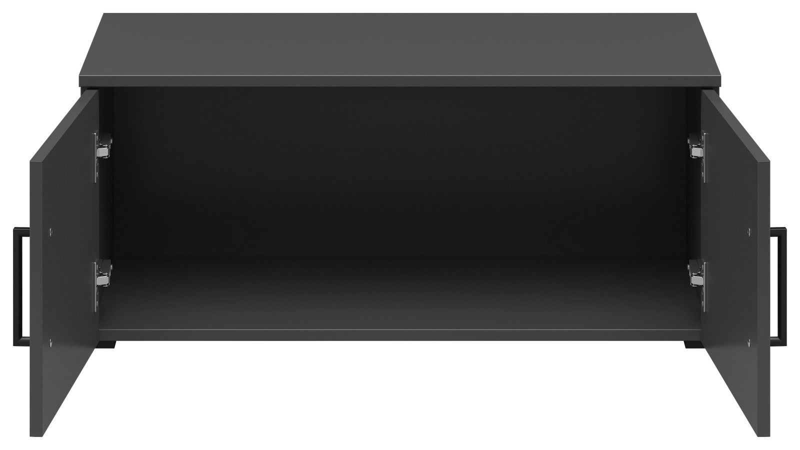 Schwarzer Aufsatzschrank mit zwei offenen Türen, Frontansicht