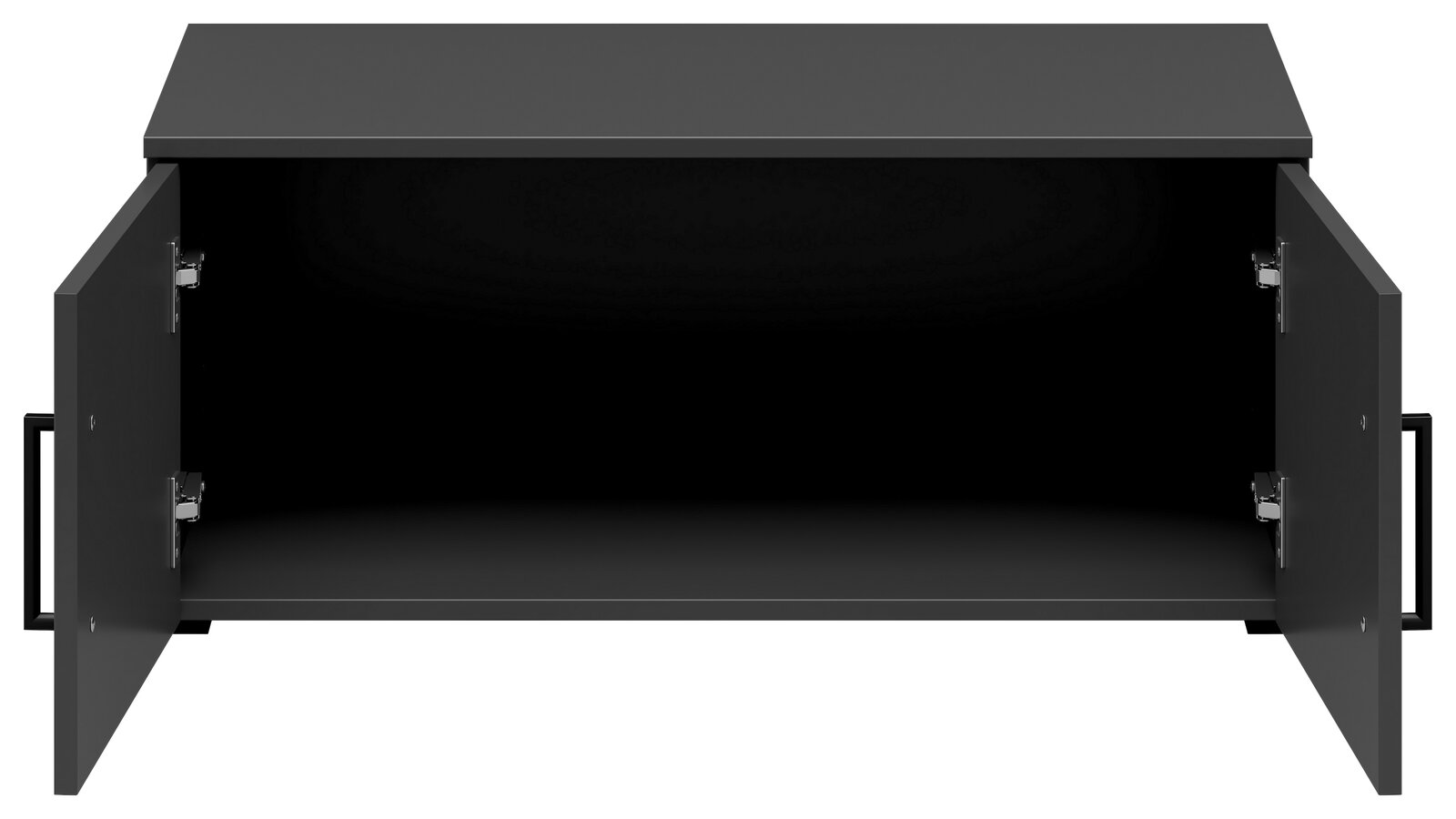 Schwarzer Aufsatzschrank mit zwei offenen Türen, Frontansicht