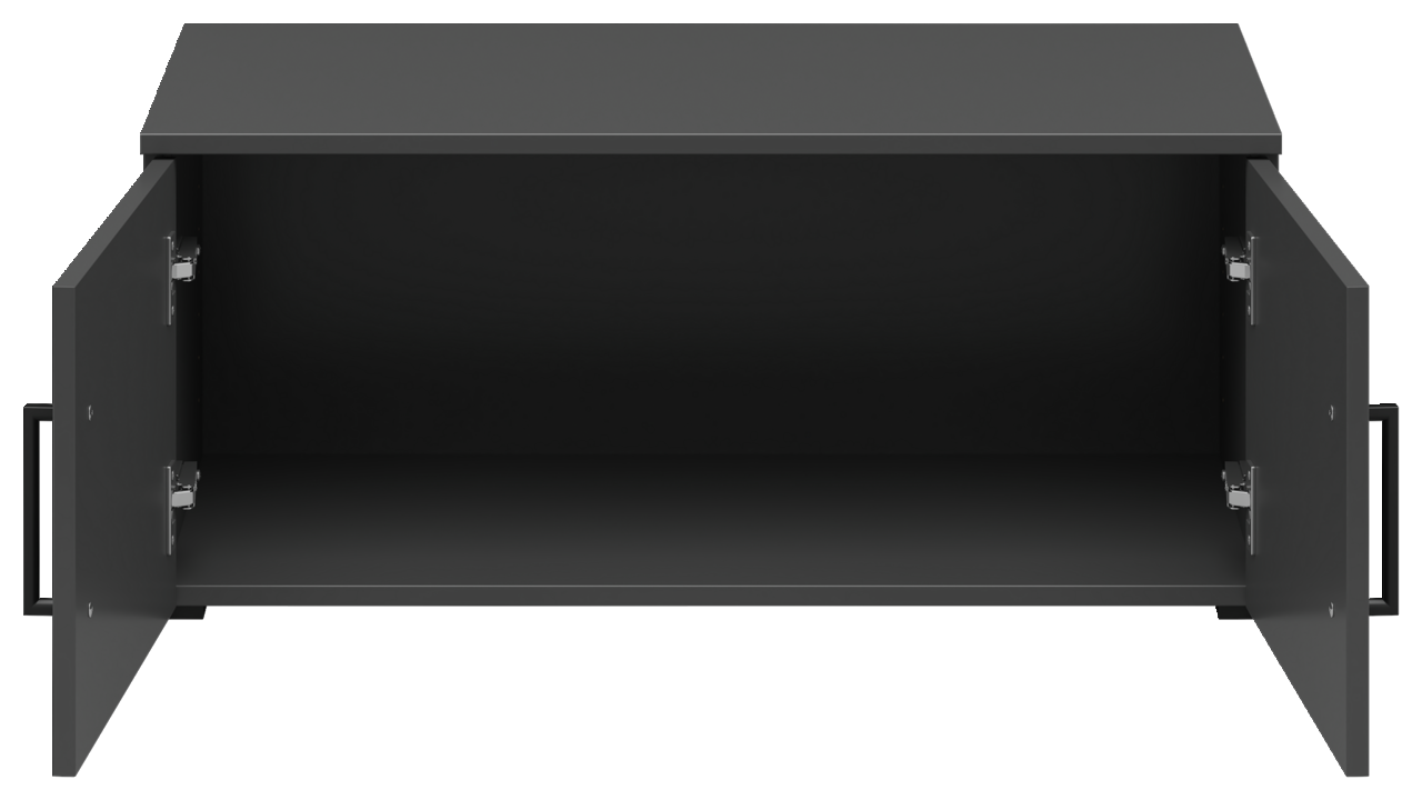 Schwarzer Aufsatzschrank mit zwei offenen Türen, Frontansicht