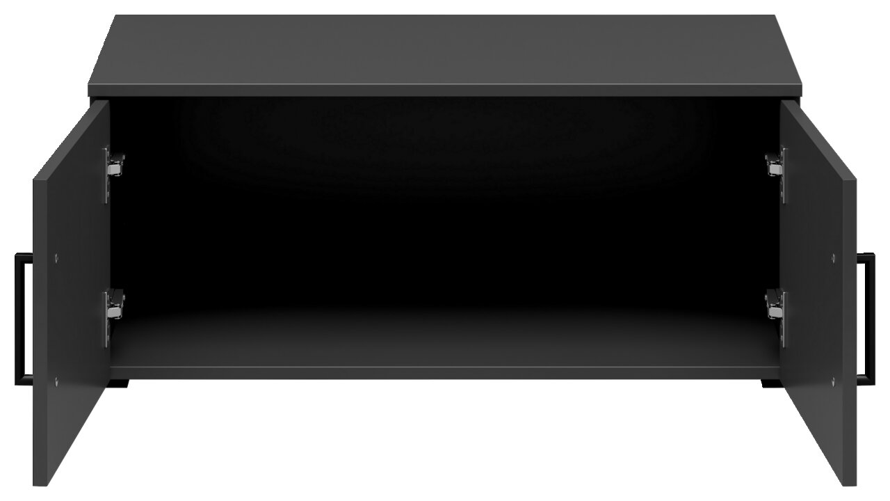 Schwarzer Aufsatzschrank mit zwei offenen Türen, Frontansicht