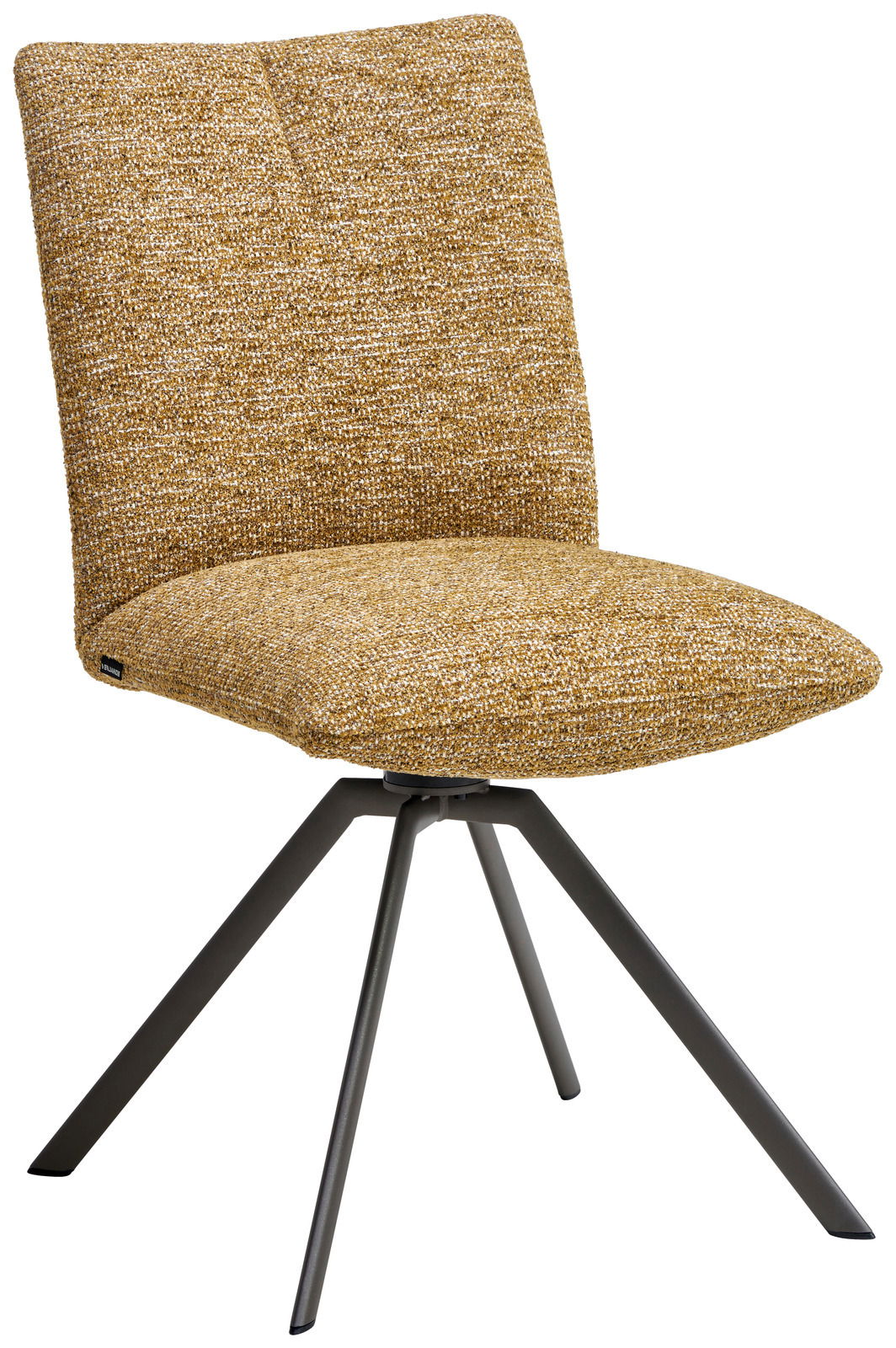 Moderner Stuhl mit senfgelbem Stoffbezug und schwarzem Metallgestell, seitliche Perspektive