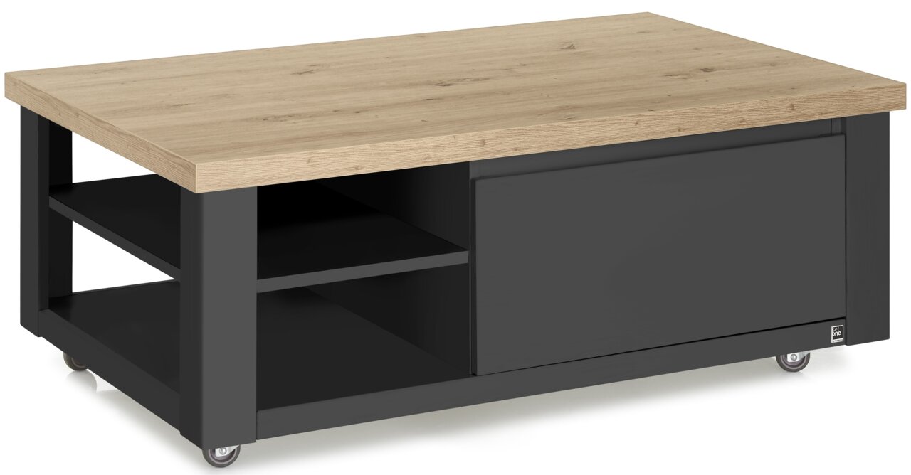 Moderner Couchtisch mit Holzplatte und schwarzem Gestell, seitliche Perspektive