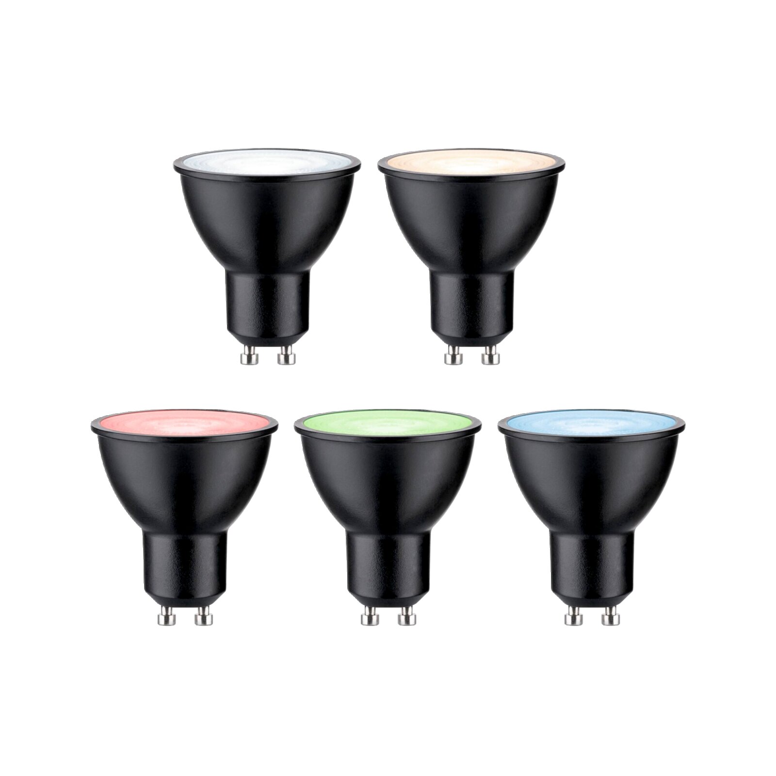 Fünf LED Leuchtmittel in verschiedenen Farben (weiß, warmweiß, rot, grün, blau) aus seitlicher Perspektive.