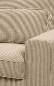 Nahaufnahme eines Sofas mit geripptem Stoffbezug in Beige, Ansicht von der Seite.