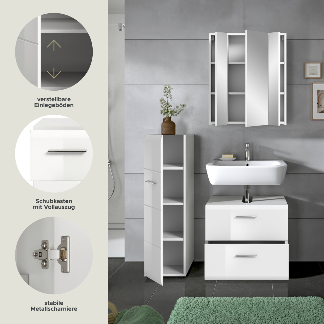 Modernes weißes Badmöbel-Set im Badezimmer: Wandspiegelschrank mit geöffneten Türen, Waschbecken-Unterschrank mit zwei Schubladen und seitlicher Hochschrank mit geöffneter Tür; links Detailhinweise zu verstellbaren Einlegeböden, Schubkasten mit Vollauszug