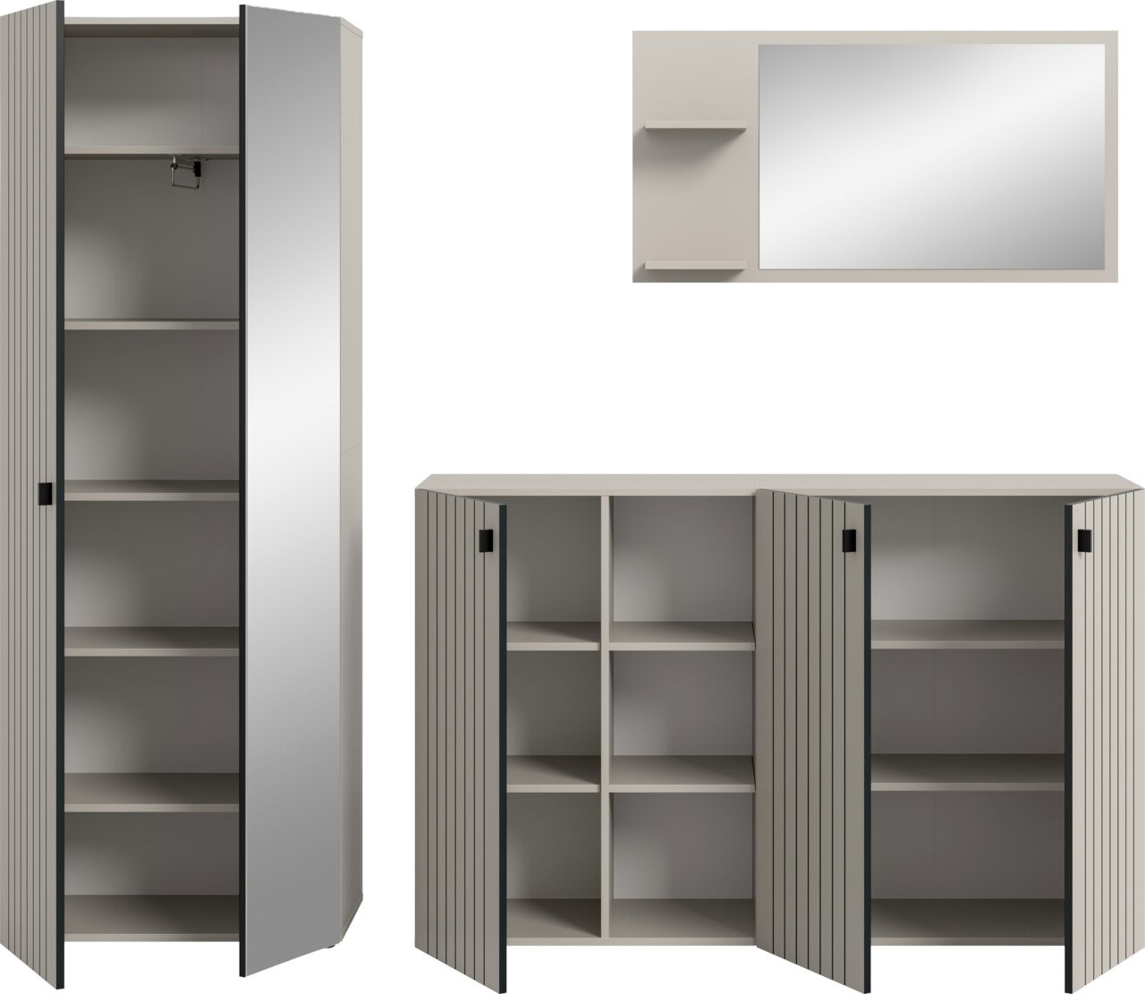Modernes Badezimmermöbel-Set in Grau mit gerillten Fronten: Hochschrank und Unterschrank mit offenen Fächern und teils geöffneten Türen sowie großer Spiegel mit Ablagen, Ansicht schräg von vorn.