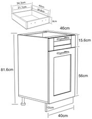 Technische Strichzeichnung eines schmalen Bad-Unterschranks mit Tür und Schublade inklusive Maßangaben (ca. 46 cm Breite, 40 cm Tiefe, 81,6 cm Höhe) in frontaler Schrägansicht von vorn rechts