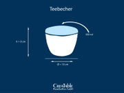 Teebecher aus Porzellan mit hellblauem Deckel, Fassungsvermögen 350 ml, Höhe 9 cm und Durchmesser 10 cm, dargestellt in frontaler Ansicht