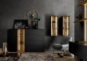 Modernes Highboard in schwarzem Design mit goldenen Akzenten, frontal fotografiert. Dekoriert mit Vasen und Kunstobjekten, umgeben von stilvollen Wandregalen und einem Sessel.