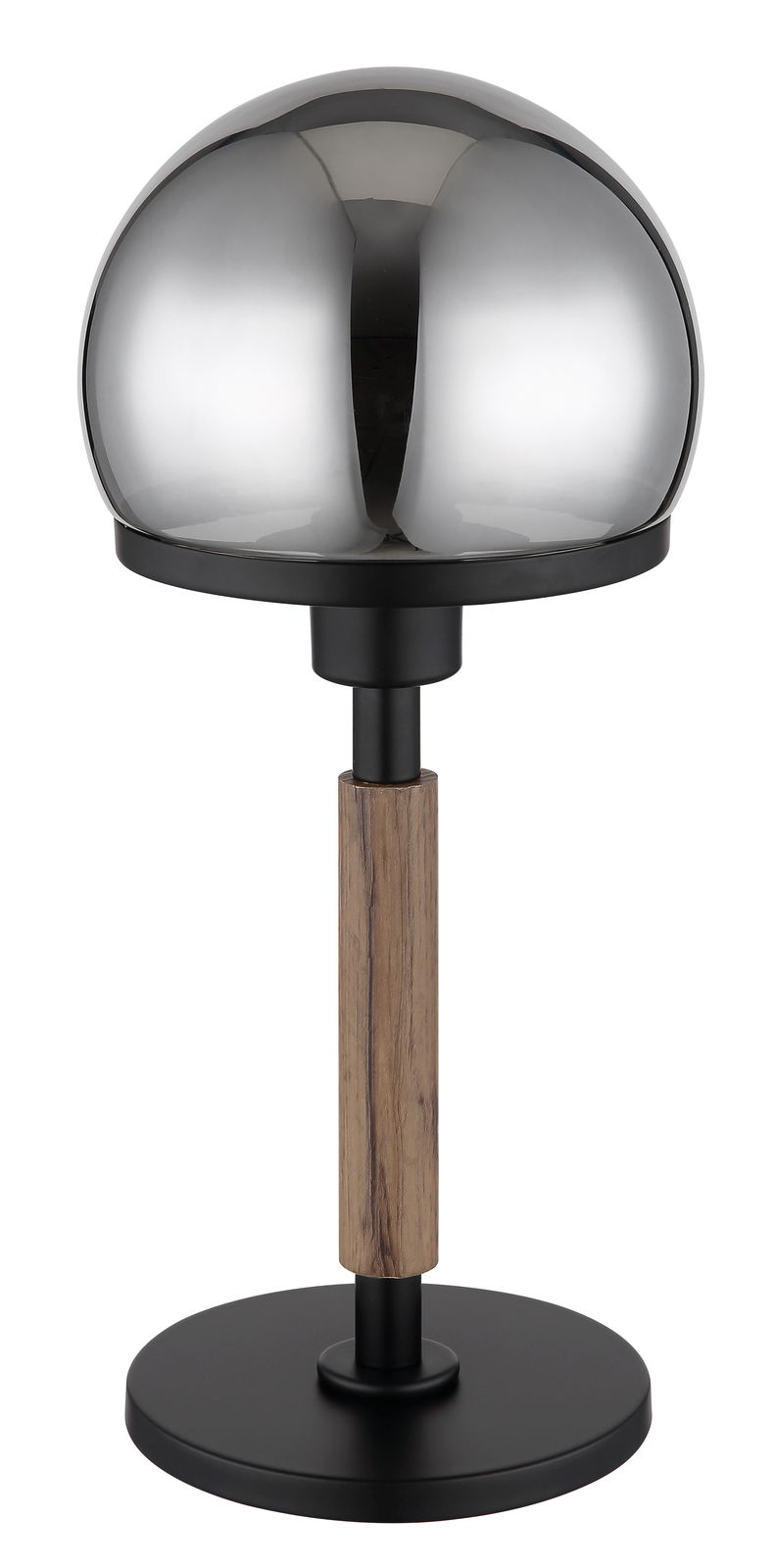Moderne Tischleuchte HAKU mit glänzendem, halbkugelförmigem Schirm und Holzdetails, seitliche Perspektive