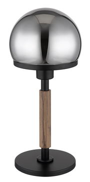Moderne Tischleuchte HAKU mit glänzendem, halbkugelförmigem Schirm und Holzdetails, seitliche Perspektive