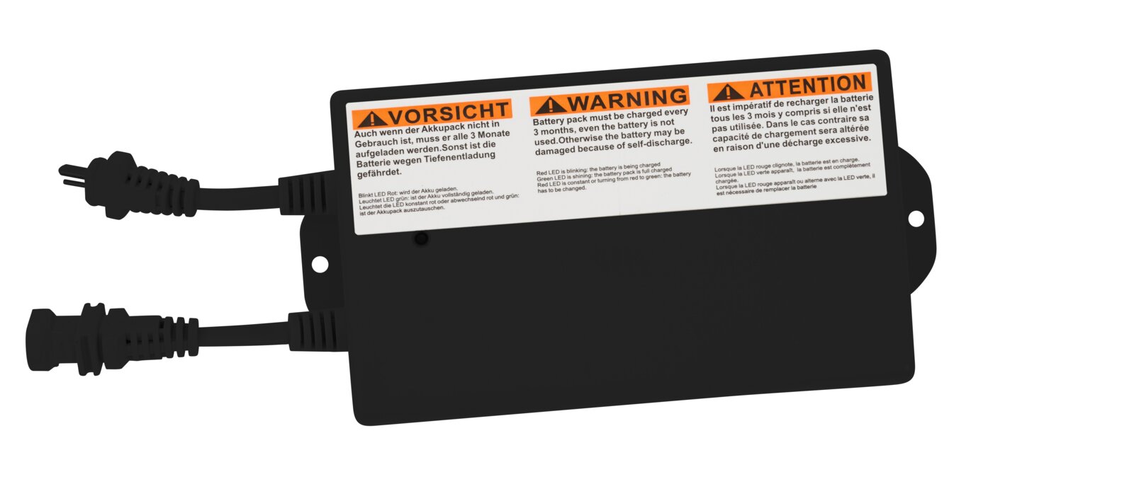 Oplader met waarschuwingslabels en twee kabels, bovenaanzicht.