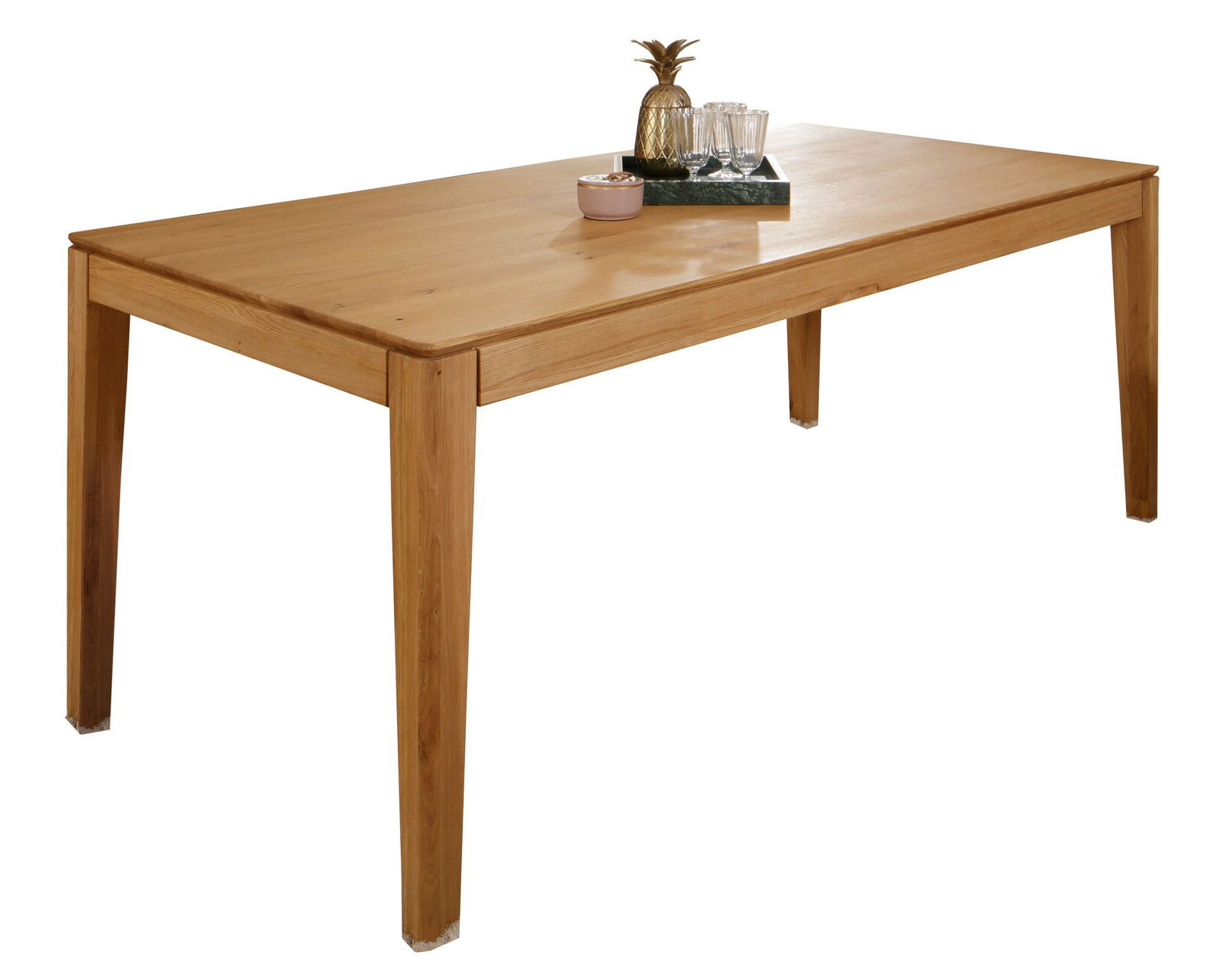 Holzesstisch mit rechteckiger Tischplatte, dekoriert mit einem Tablett und Gläsern, seitliche Perspektive