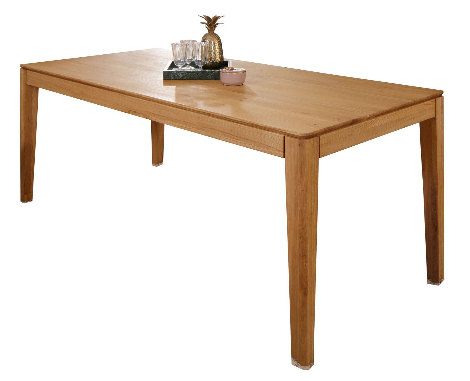 Holzesstisch mit rechteckiger Tischplatte, dekoriert mit einem Tablett und Gläsern, seitliche Perspektive