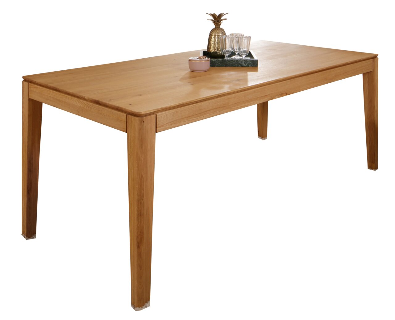 Holzesstisch mit rechteckiger Tischplatte, dekoriert mit einem Tablett und Gläsern, seitliche Perspektive