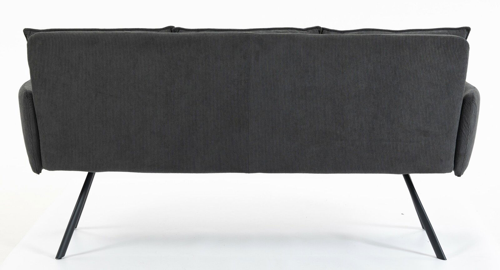 Rückansicht einer dunkelgrauen 3-Sitzer-Bank mit Metallbeinen