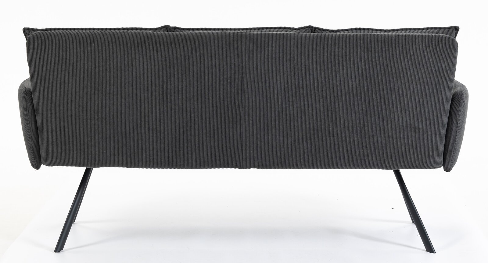 Rückansicht einer dunkelgrauen 3-Sitzer-Bank mit Metallbeinen