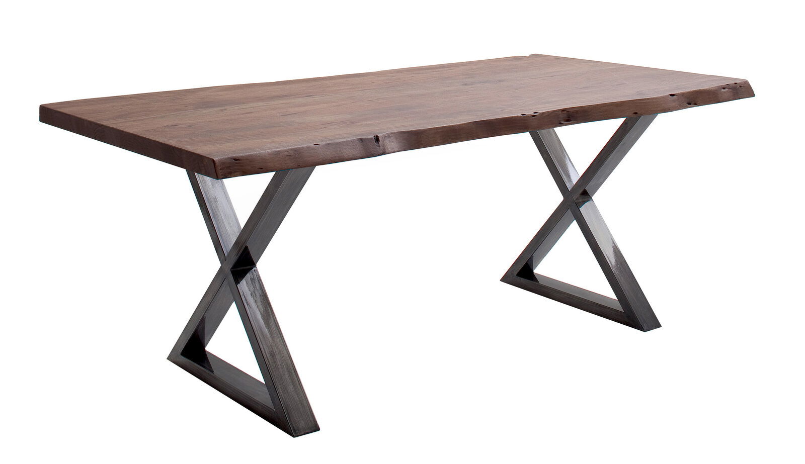 Moderner Esstisch mit Holzplatte und X-förmigen Metallbeinen, seitliche Perspektive