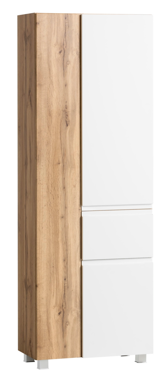 Hochschrank mit Holzoptik und weißen Fronten, seitliche Perspektive