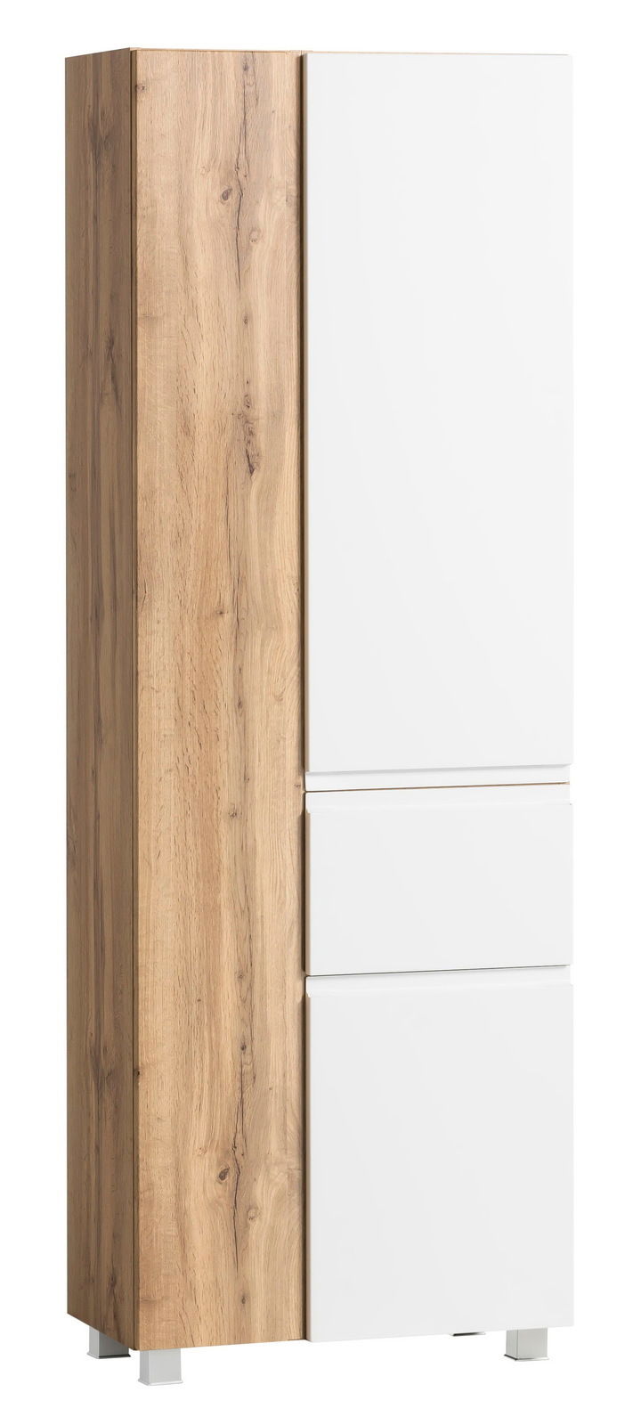 Hochschrank mit Holzoptik und weißen Fronten, seitliche Perspektive