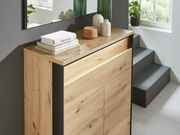 Moderner Schuhschrank aus Holz mit dekorativen Büchern und Vasen, seitliche Perspektive