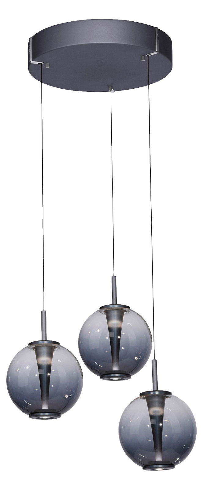 Moderne LED-Pendelleuchte mit drei kugelförmigen, rauchgrauen Glaskörpern, von unten betrachtet.