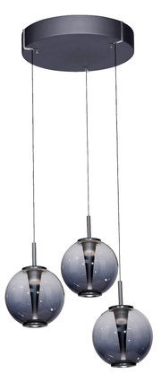 Moderne LED-Pendelleuchte mit drei kugelförmigen, rauchgrauen Glaskörpern, von unten betrachtet.