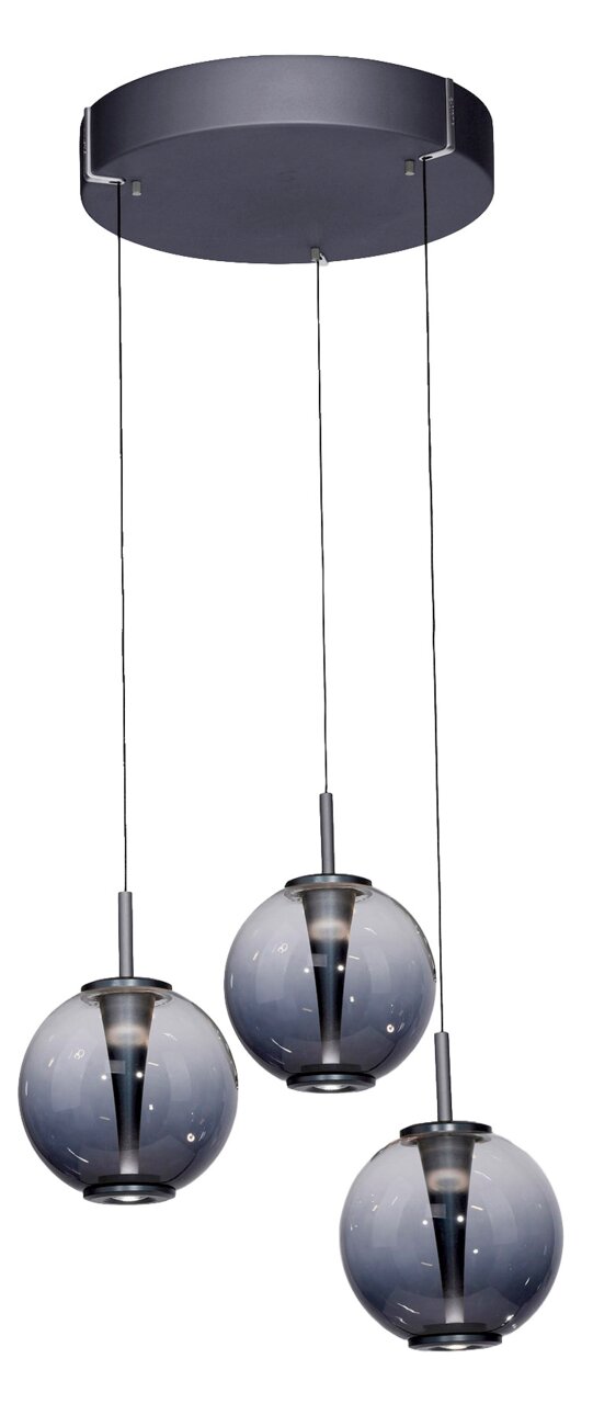 Moderne LED-Pendelleuchte mit drei kugelförmigen, rauchgrauen Glaskörpern, von unten betrachtet.
