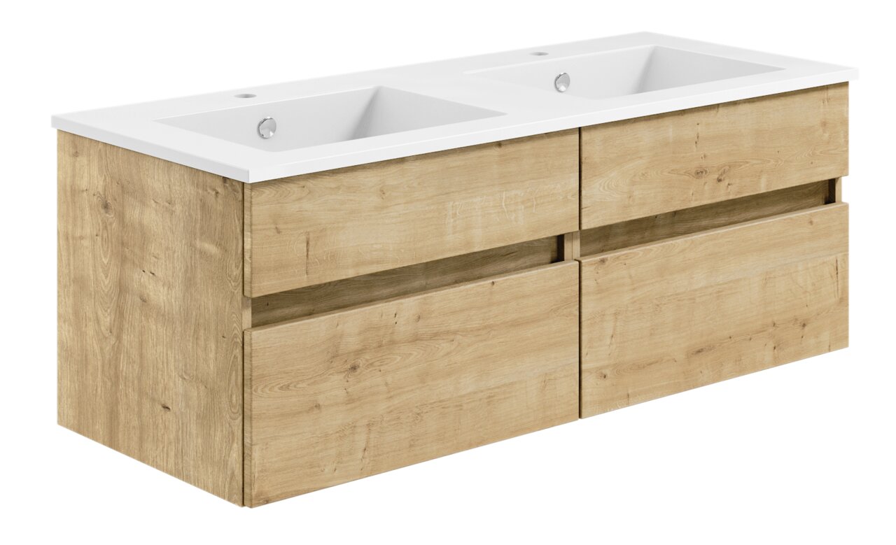 Moderne Badkombination mit zwei Waschbecken und Holzoptik, seitliche Perspektive