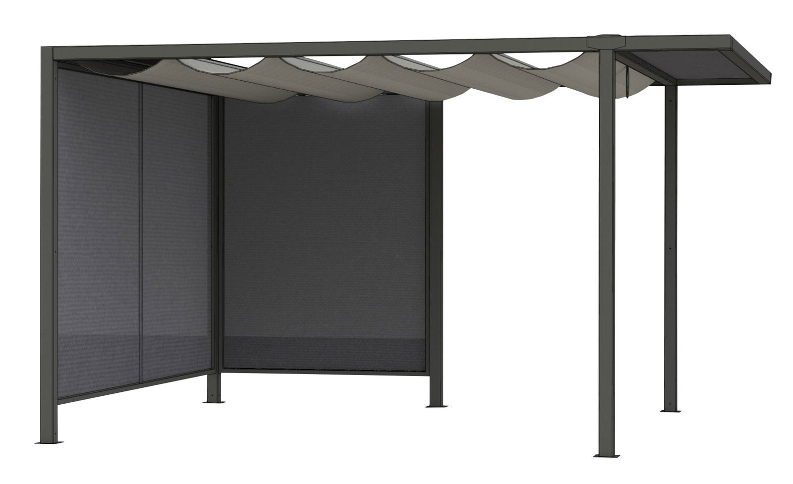 Moderner Sichtschutz Ranotex mit stabilem Metallrahmen und wellenförmigem Dach, seitliche Perspektive