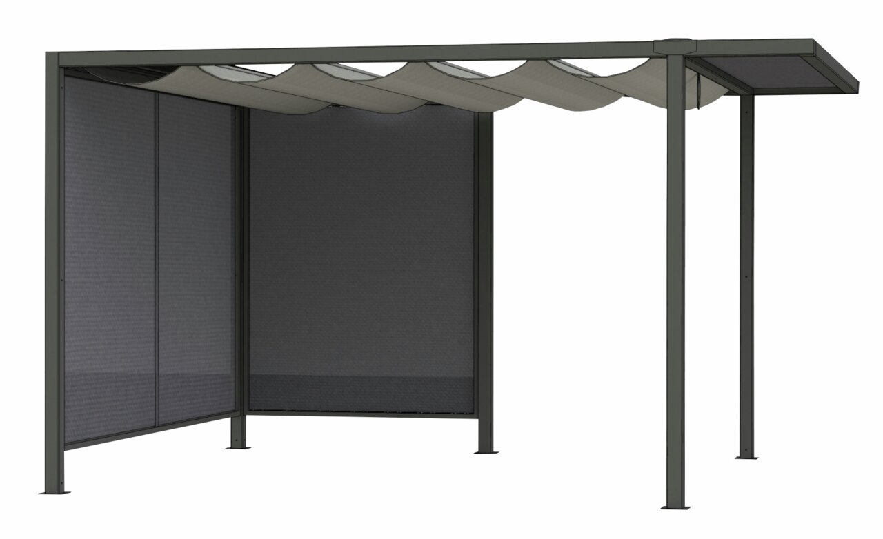 Moderner Sichtschutz Ranotex mit stabilem Metallrahmen und wellenförmigem Dach, seitliche Perspektive