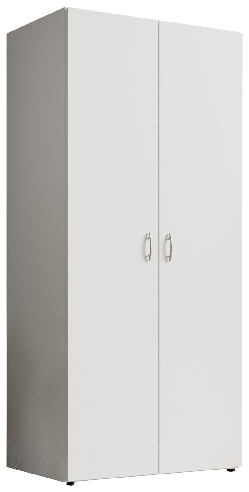 Zweiflügeliger Drehtürenschrank in Weiß, seitliche Perspektive