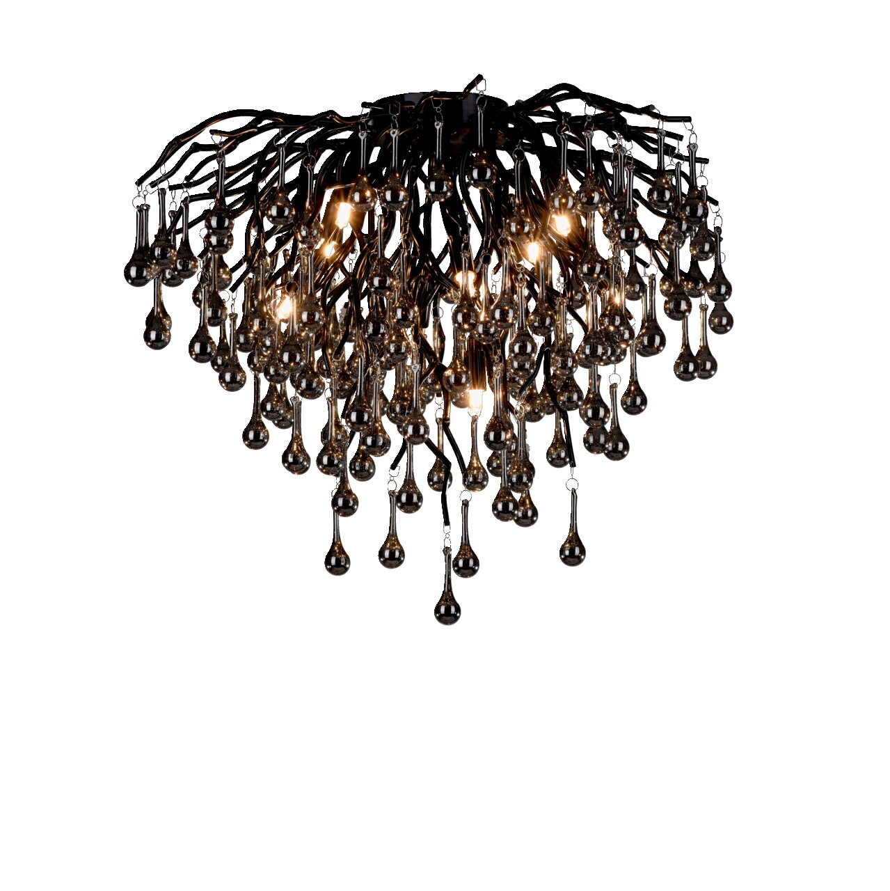 Moderne plafondlamp ICICLE met hangende, druppelvormige elementen in een donkere, elegante uitvoering. Aanzicht van onderaf, dat de complexe structuur en het warme licht benadrukt.